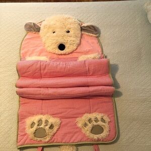 Pottery Barn Kids sleeping bag.  Pink gingham shaggy head puppy.
